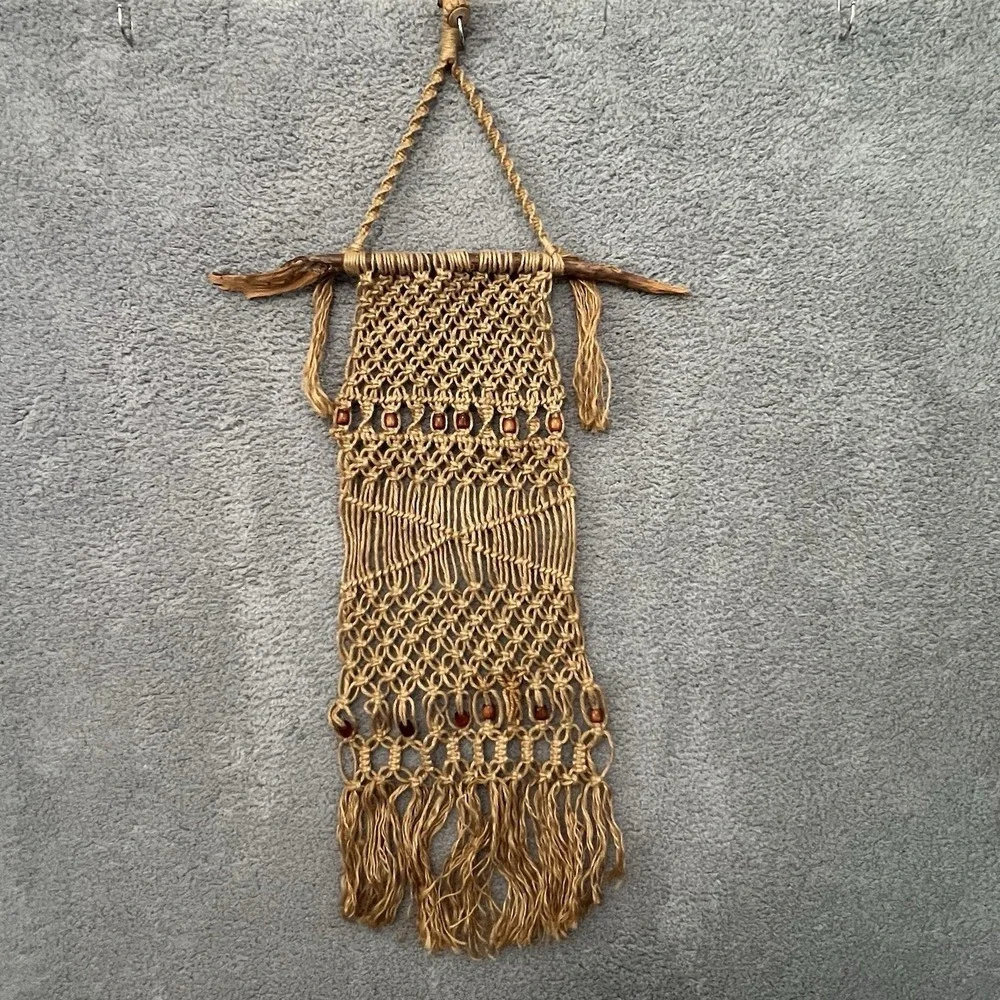 1970s Jute Macrame Wall Hanging Rustic Branch Boho  Handmade 42